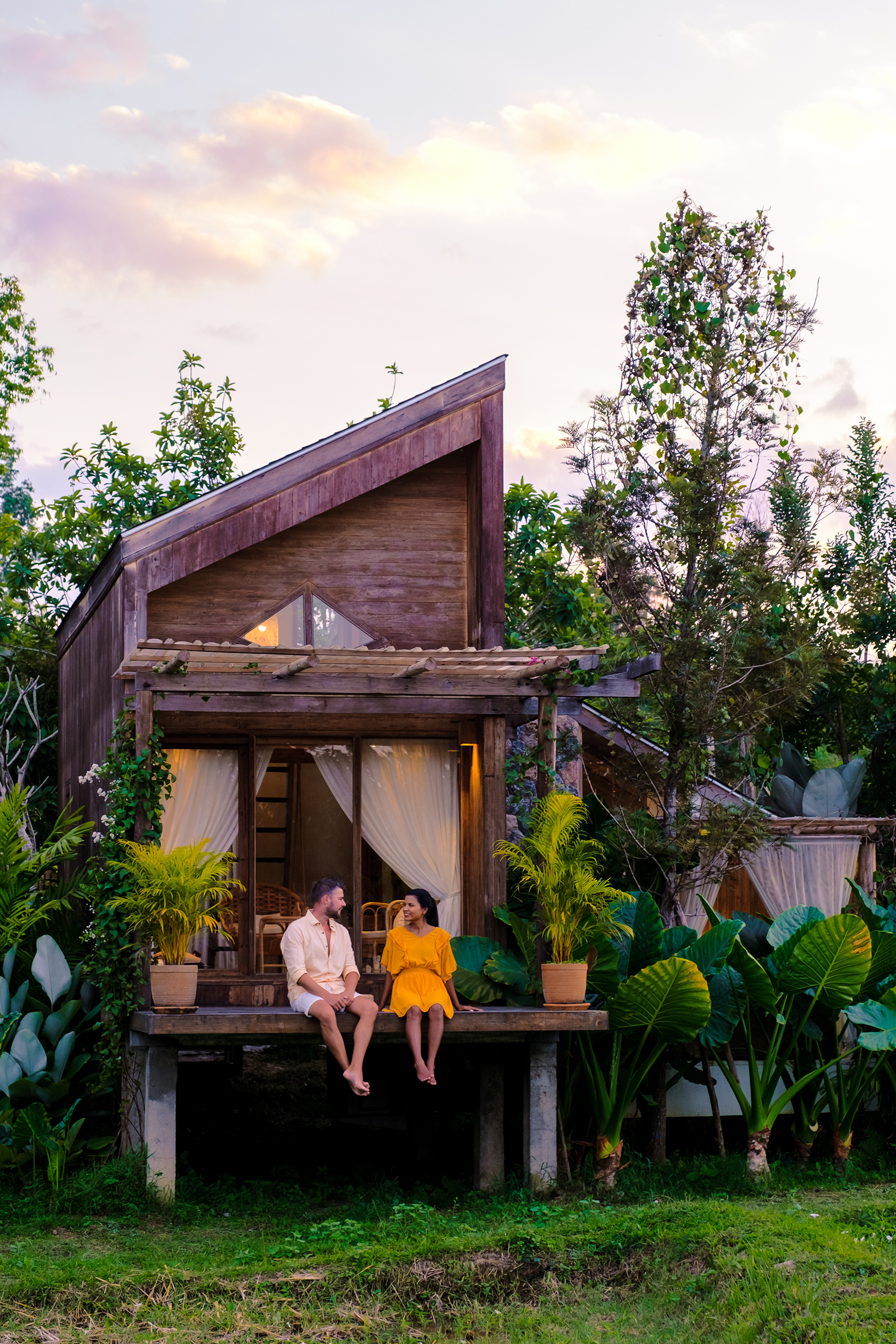 A couple of men and women at a cottage homestay in Northern Thailand Nan Province